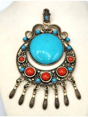 Boho Brass Statement Pendant With Faux Turquoise & Red Beads Dangling Fringe